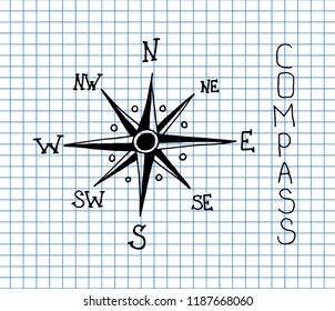 compass navigations rose icon on copybook background. hand drawn vector illustration