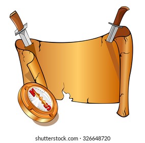 Compass near open old scroll attached by knife. Vintage cartoon banner