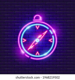 Compass neon icon. Vector illustration for the design of advertising, website, promotion, banner, brochure, flyer. Concept of Hike, travel, camping.