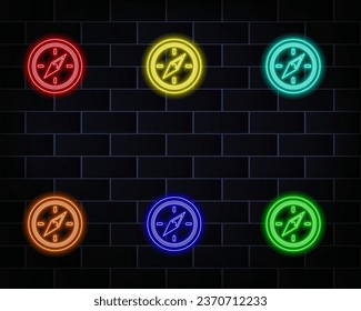 Compass neon icon. Vector illustration for design of advertising, website, promotion, banner, brochure, brochure. Concept of hiking, traveling, camping.. red. yellow, blue, pink, orange.