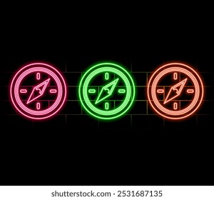 Icono de neón de brújula. Ilustración vectorial para el diseño de publicidad, Sitio web, promoción, Anuncio, folleto, volante. Concepto de caminata, viaje, camping..2.
