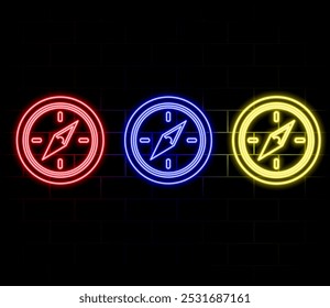 Compass neon icon. Vector illustration for the design of advertising, website, promotion, banner, brochure, flyer. Concept of Hike, travel, camping.