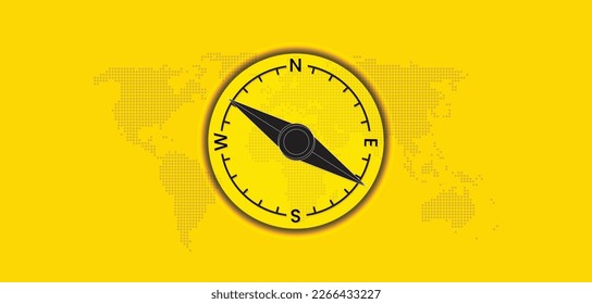 Compass with North, South, East and West indication. Vector illustartion of compass with world map on yellow background.