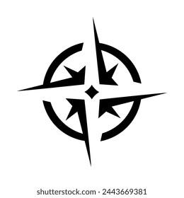 Compass with north, south, east, west directions created with black vectors for a simple, minimal traveler tattoo design featuring mountains and travel elements