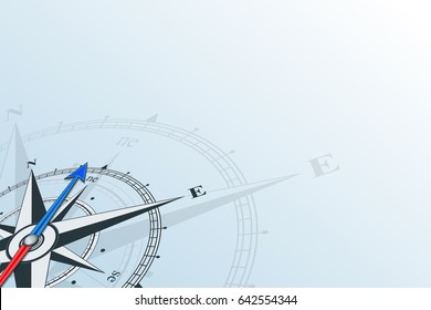 Compass northeast. Compass with wind rose on a blue background, the arrow points to the northeast. Horizontal illustartion.