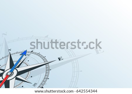 Compass northeast. Compass with wind rose on a blue background, the arrow points to the northeast. Horizontal illustartion.