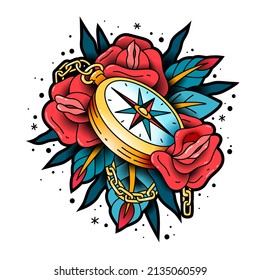 Compass old school tattoo. Antique nautic object with roses and leaves, traditional sketch, old vintage navigational device, vector concept