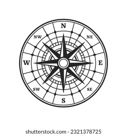 Compass, old wind rose star or vintage travel map vector symbol with north west and east south direction. Retro compass icon with wind rose of ancient cartography and marine navigation arrows