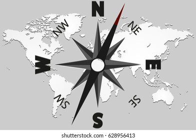 compass on the background of the continents white