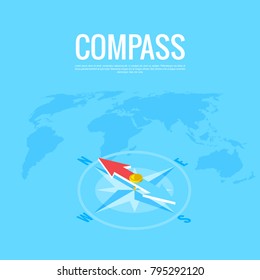 compass on the background of the world map, isometric image