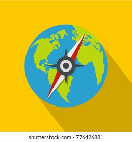 Compass on earth icon. Flat illustration of compass on earth vector icon for web