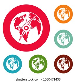 Compass on earth icons circle set vector isolated on white background