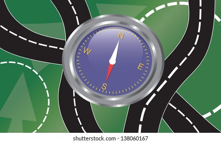 compass on a green card of roads