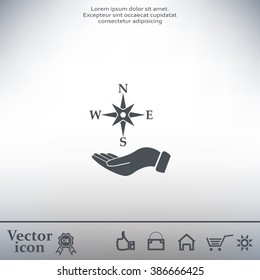 Compass on hand flat icon. Vector illustration EPS.
