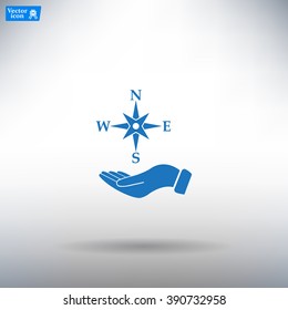 Compass on hand flat icon. Vector illustration EPS.