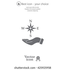 Compass on hand flat icon. Vector illustration EPS.