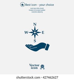Compass on hand flat icon. Vector illustration EPS.