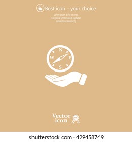 Compass on hand flat icon. Vector illustration EPS.