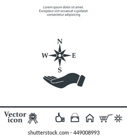 Compass on hand flat icon. Vector illustration EPS.