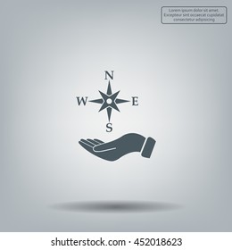 Compass on hand flat icon. Vector illustration EPS.