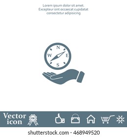 Compass on hand flat icon. Vector illustration EPS.