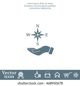 Compass on hand flat icon. Vector illustration EPS.