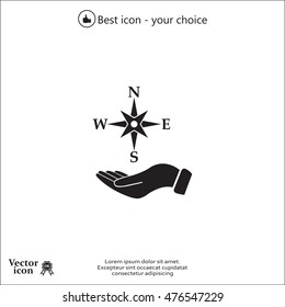 Compass on hand flat icon. Vector illustration EPS.