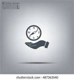 Compass on hand flat icon. Vector illustration EPS.