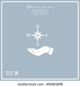Compass on hand flat icon. Vector illustration EPS.
