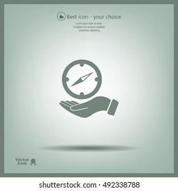 Compass on hand flat icon. Vector illustration EPS.