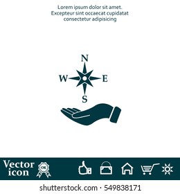 Compass on hand flat icon. Vector illustration EPS.