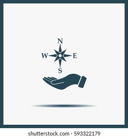 Compass on hand flat icon. Vector illustration EPS.