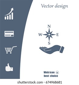 Compass on hand flat icon. Vector illustration EPS.