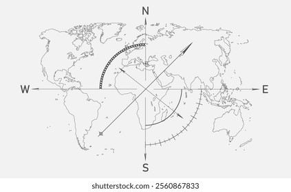 Compass on the map of the world continents. Vector illustration. Sketch for creativity.