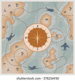 Compass On Old Map With Airplanes And Signs. Military Vintage Map With Relief. Route Of Plane. 23 February Gift Card Background. Victory Postcard. Adventure Illustration. Vector Background 23 February