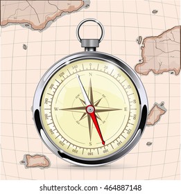 Compass on old map background. Vector illustration 