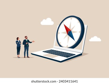 Compass on screen laptop. Business compass guidance direction. Financial indicator, inflation or interest rate direction, recession or growth concept. Flat vector illustration