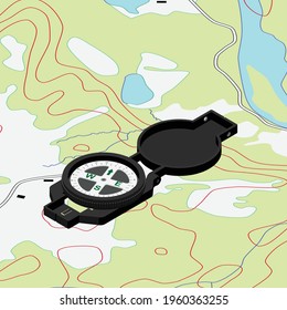 Compass on topographic map. Satellites adventure - map and compass.