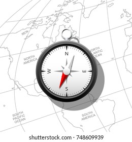 Compass on a world map. Can be used in the themes of adventures, geography, history, discovery and navigation.