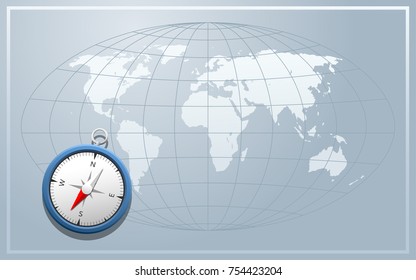 Compass on the world map. Can be used in the themes of adventures, geography, history, discovery and navigation.