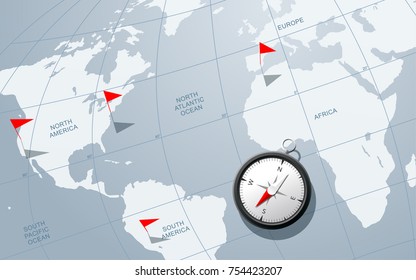 Compass on a world map with flags. Can be used in the themes of adventures, geography, history, discovery and navigation.