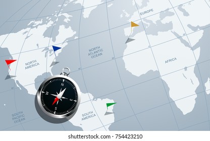 Compass on a world map with flags. Can be used in the themes of adventures, geography, history, discovery and navigation.