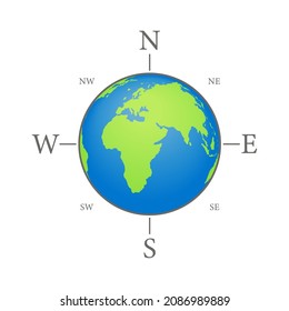 Kompass auf der Weltkarte. Nautischer Kompass mit der Welt für Reise und Expedition. Symbol von Globus, Norden, Erde Osten und Westen. Illustration für Seefahrt. Reisesymbol. Vektorgrafik.