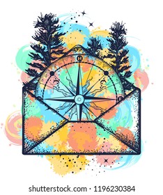 Compass in open envelope tattoo watercolor splashes style. Symbol of tourism, adventure, travel t-shirt design 