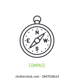 Kompass-Umriss-Symbol. Vektorgrafik. Navigationsausrüstung zur Orientierung. Symbol der Sommerzeit, Reisen und Tourismus. Dünnlinienpiktogramm für die Benutzeroberfläche. Einziger weißer Hintergrund