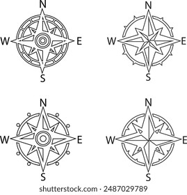 Kompass-Gliederungssymbole festgelegt. Monochromer Navigationskompass mit Himmelsrichtungen von Nord, Ost, Süd, West. Nautische Linie Wind Rose. Geografische Lage, Kartografie auf transparentem Hintergrund.