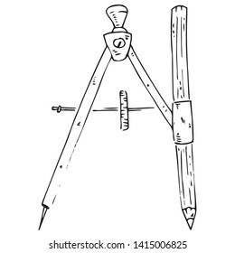 Compass with pencil for geometry icon. Vector illustration of a compass with a pencil. Hand drawn drawing and drawing tool.