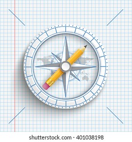 Compass with pencil on the checked paper background. Eps 10 vector file.