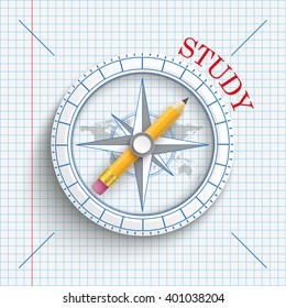 Compass with pencil and text study on the checked paper background. Eps 10 vector file.