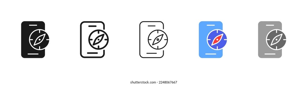 Compass en el icono de la línea telefónica. Orientación en tierra, mano, norte, sur, oeste, este, cuatro rincones del mundo. Concepto de equipo de navegación. Vector cinco ícono de estilo diferente en fondo blanco